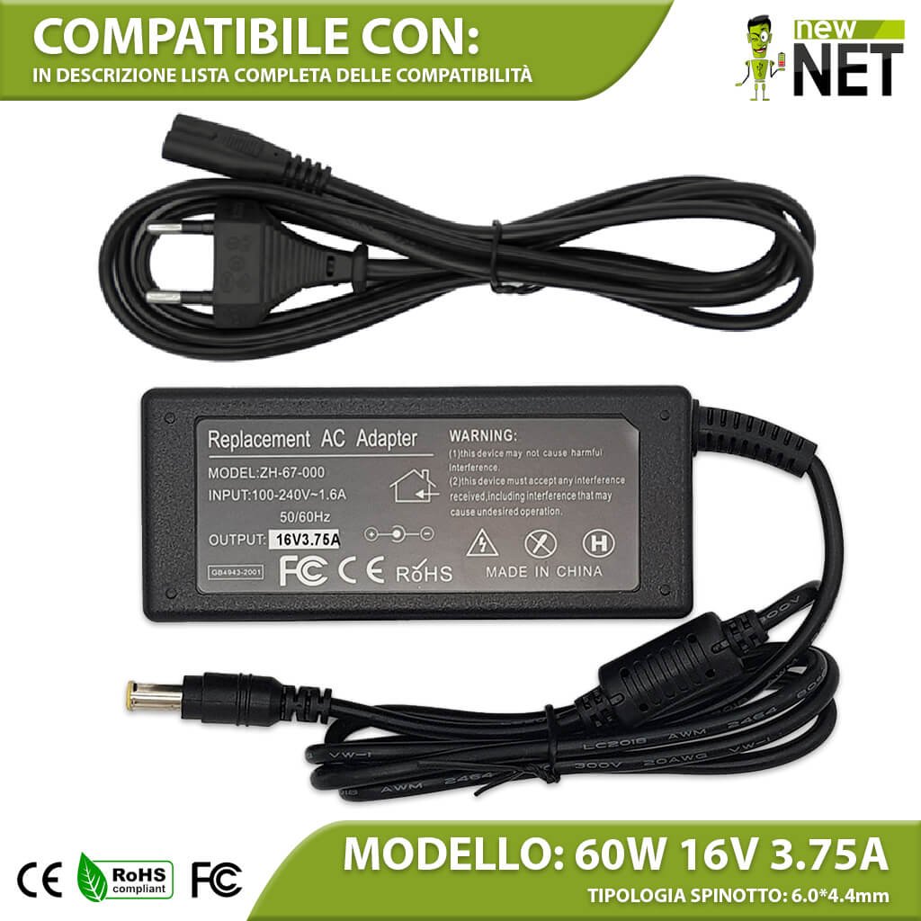 Alimentatore 60W per Fujitsu - 16 V / 3.75 A - 6.0 x 4.4 mm