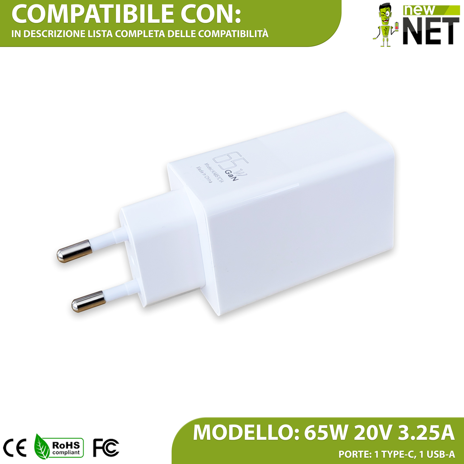 Alimentatore Rapido PD65C 65W GaN USB-C Power Delivery e USB-A per Smartphone e Tablet