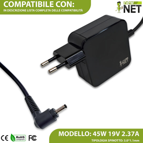 Acer 45W 3.0x1.1 Alimentatore compatibile con Acer 19V 2.37A 45W, connettore 3x1.1mm