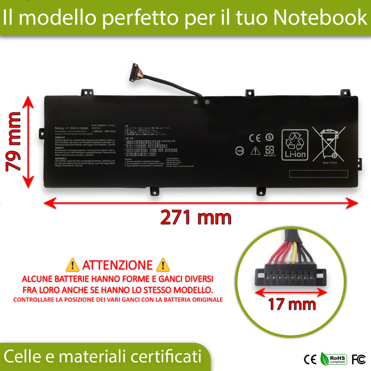 Batteria New Net C31N1831 per ASUS ASUSPRO P3540 – 11.55V, 4335mAh / 50Wh - immagine 3