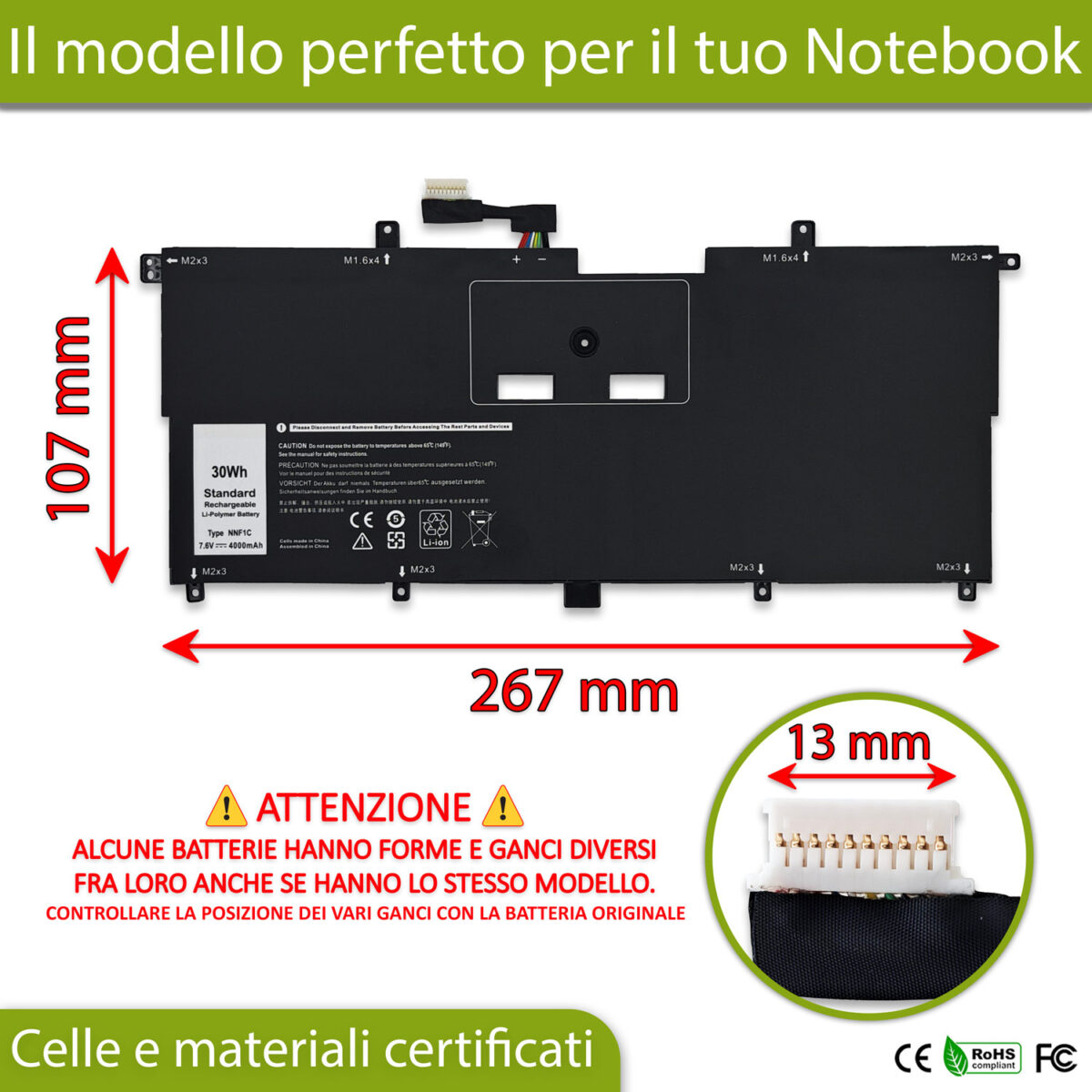 Batteria NNF1C 30Wh per Dell XPS 13 (9365) 2-in-1 - 7.6V / 4000mAh - immagine 2