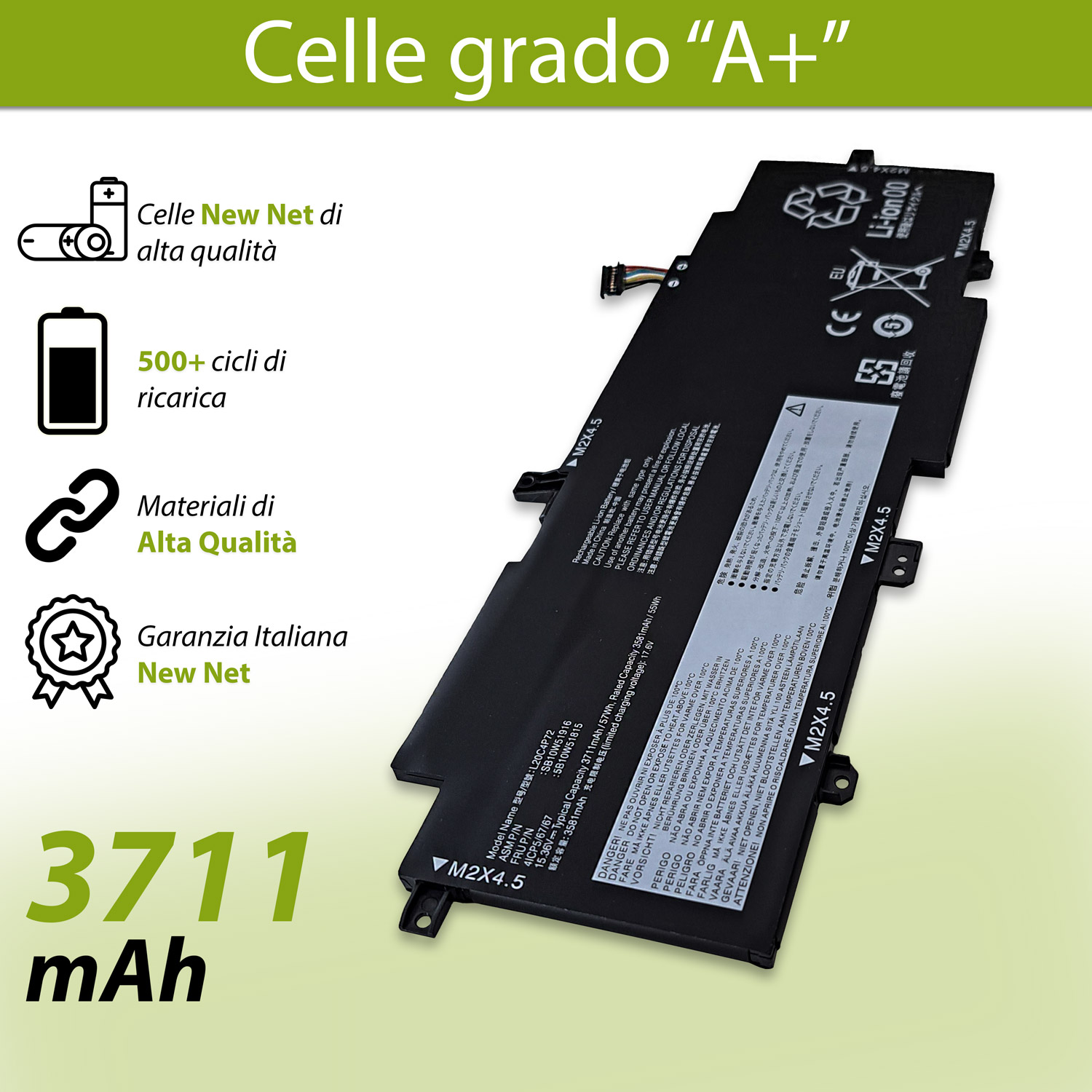 Batteria L20C4P72 per Notebook Lenovo ThinkPad T14s Gen 2 - 15.36V, 3711mAh, 57Wh - immagine 4