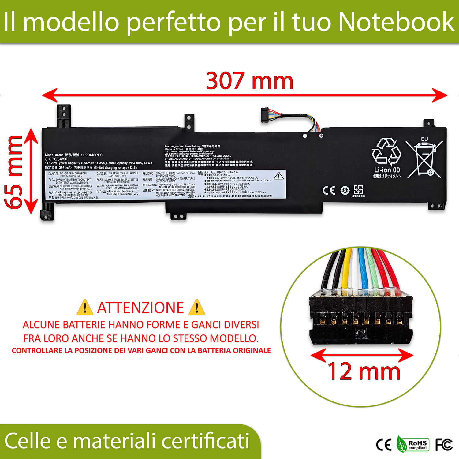 Batteria L20M3PF0 compatibile con Lenovo IdeaPad 3 - 11.1V, 4054mAh, 45Wh - immagine 3
