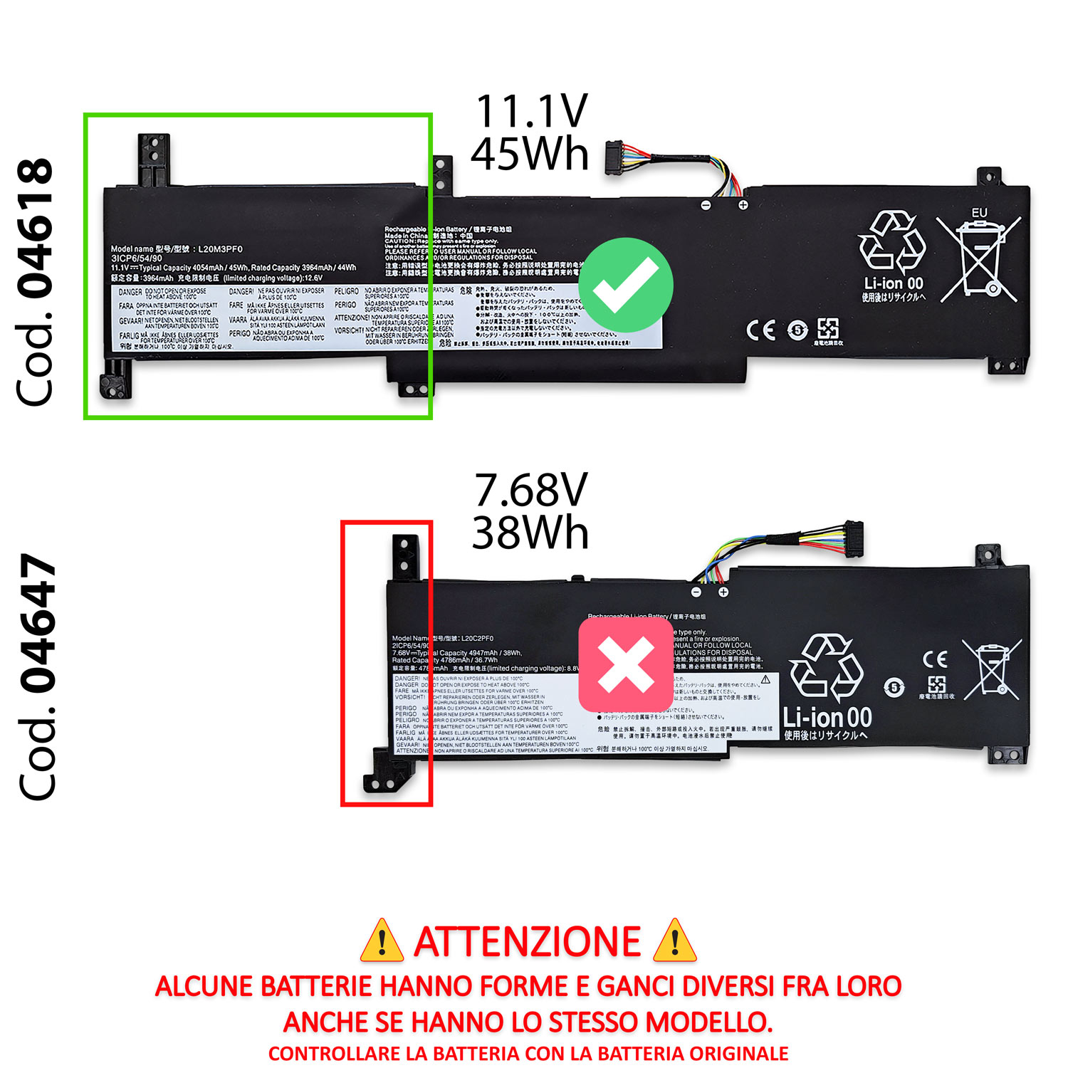 Batteria L20M3PF0 compatibile con Lenovo IdeaPad 3 - 11.1V, 4054mAh, 45Wh - immagine 2