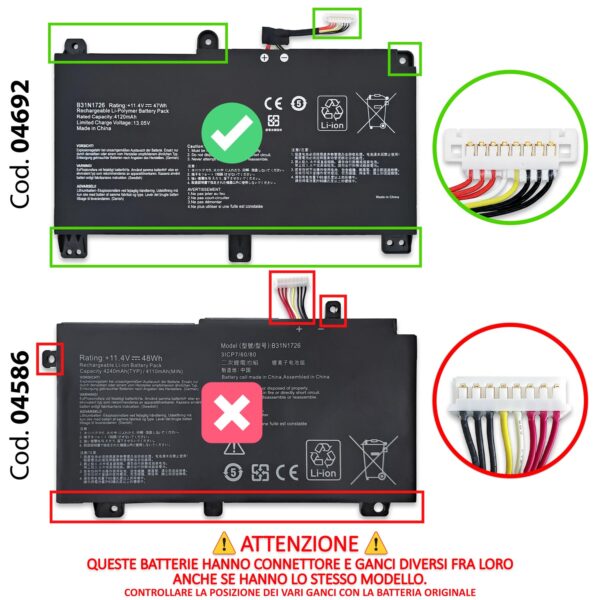 Alternative view of Batteria B31N1726 compatibile con ASUS ROG Strix - 11.4V, 47Wh, 4120mAh