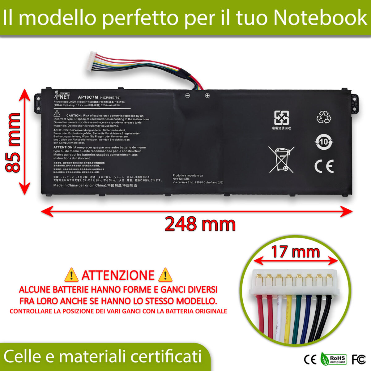 Batteria AP18C7M per Acer Swift 3 SF313-52 – 15.4V, 3200mAh / 49Wh - immagine 2