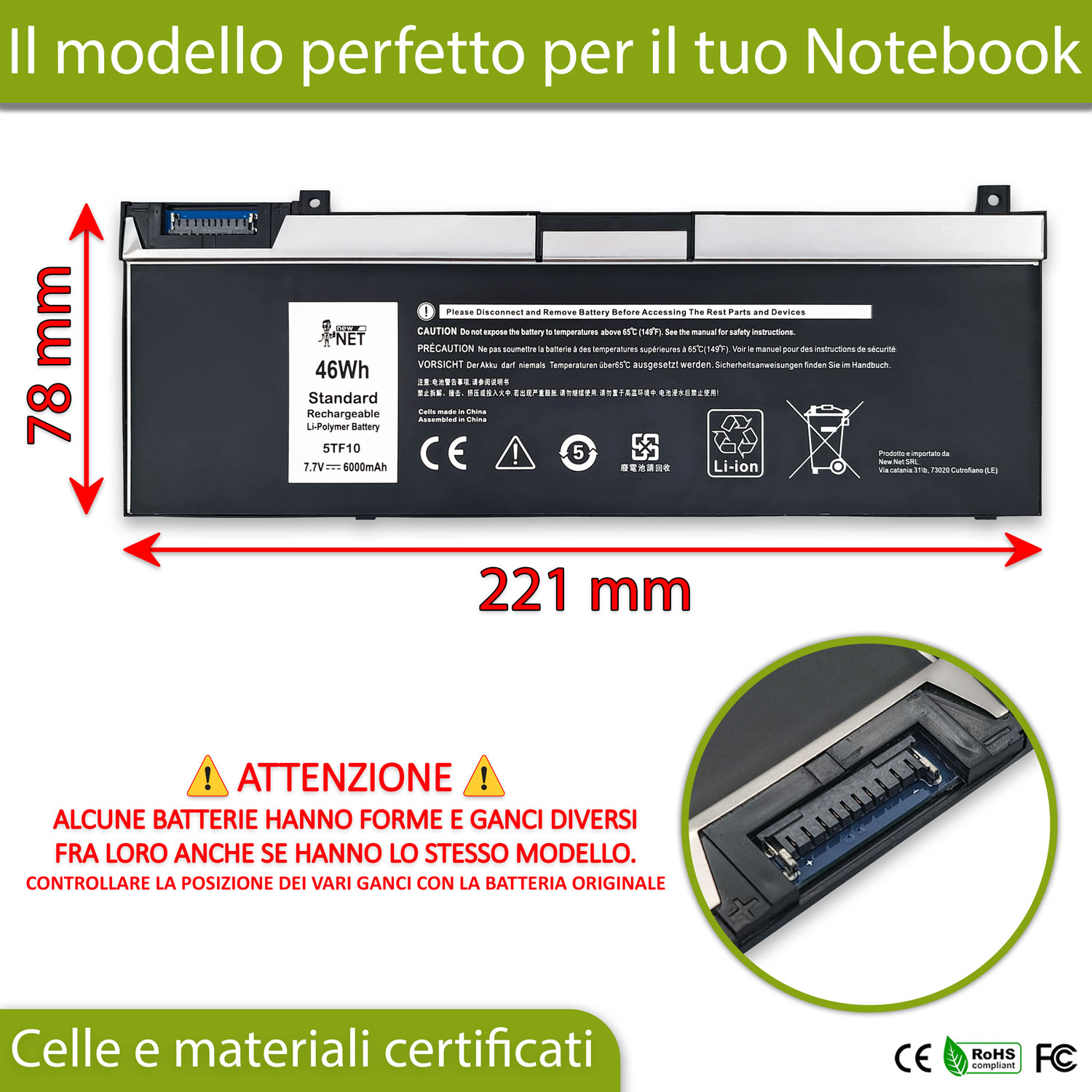 Batteria 5TF10 compatibile con Dell Precision - 7.6-7.7V, 46Wh, 6000mAh - immagine 2