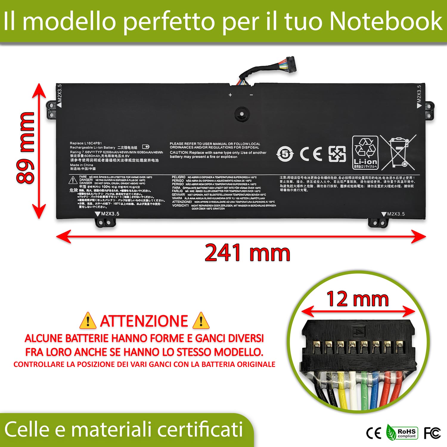Batteria L16C4PB1 compatibile con Lenovo Yoga - 7.68V, 48Wh, 6268mAh - immagine 2