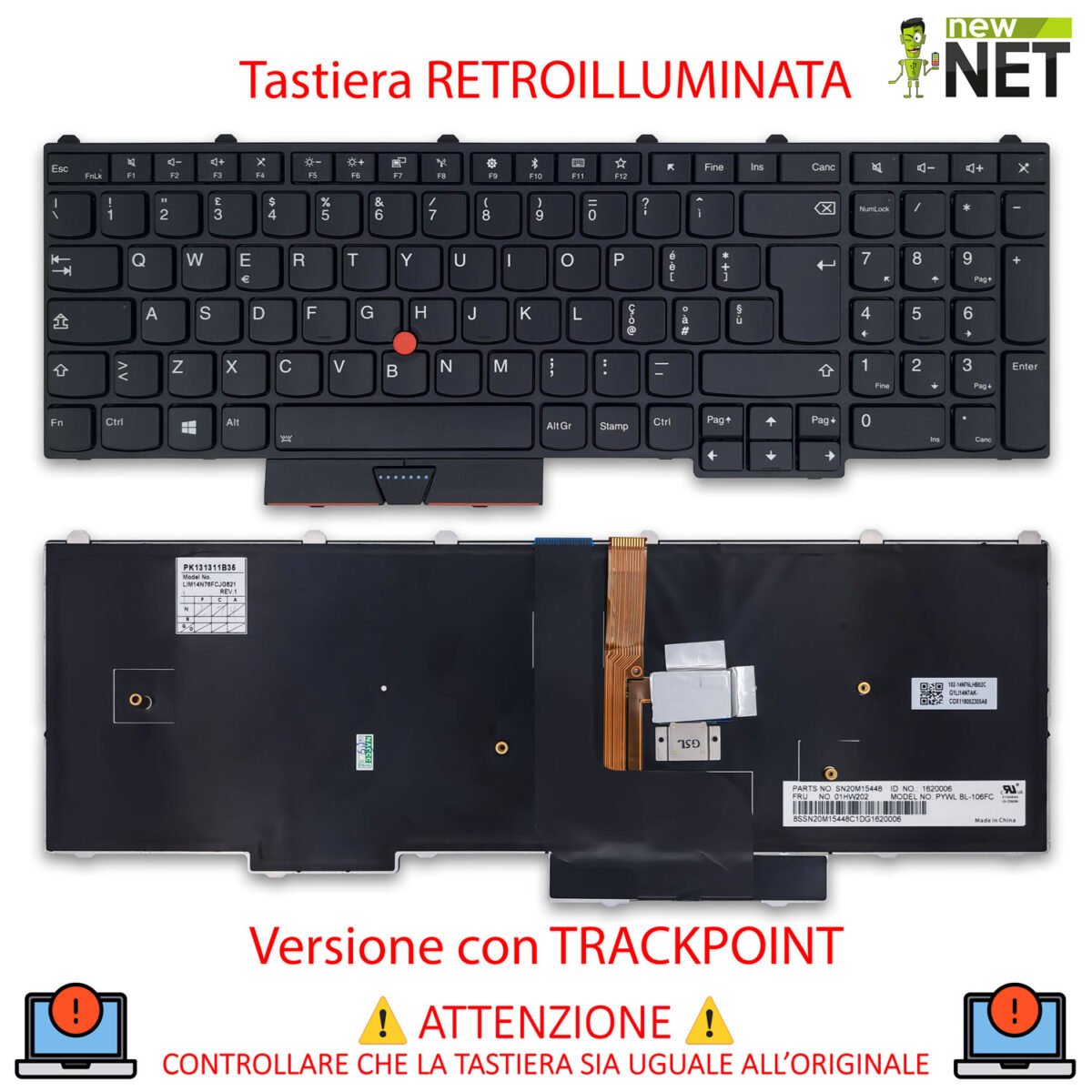 Tastiera 01HW217 per Lenovo ThinkPad P51, P71 - con frame e trackpoint, retroilluminata - immagine 5