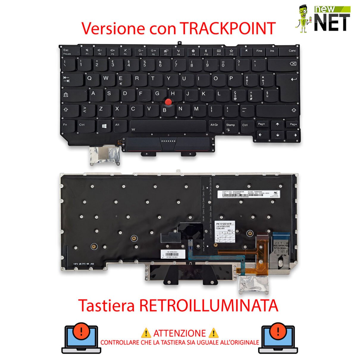 Tastiera per Lenovo ThinkPad X1 Carbon Gen 5, 6 - senza frame, retroilluminata, con trackpoint - immagine 5