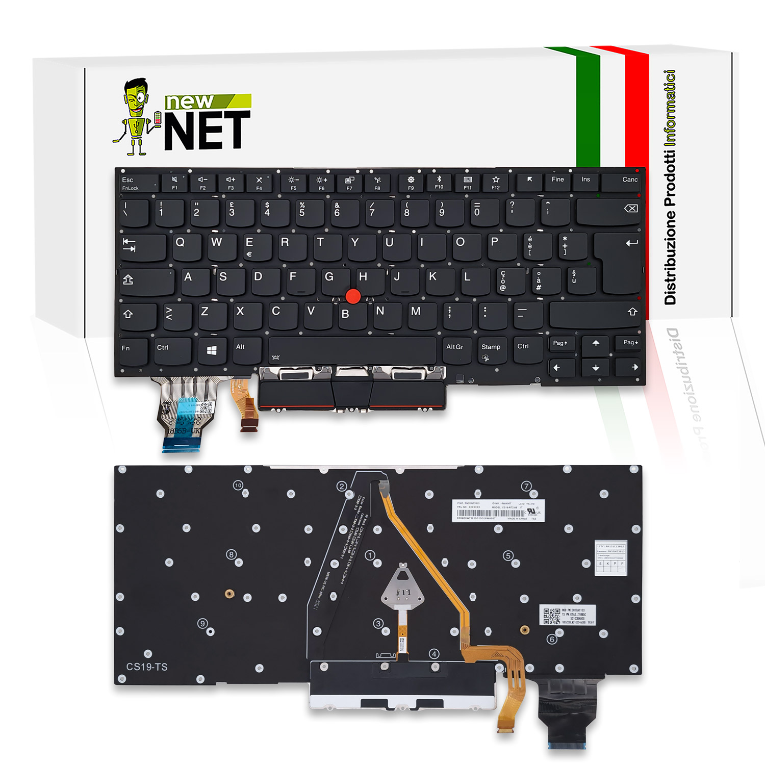 Tastiera per Lenovo ThinkPad X1 Carbon Gen 7 - senza frame, retroilluminata, con trackpoint, nera