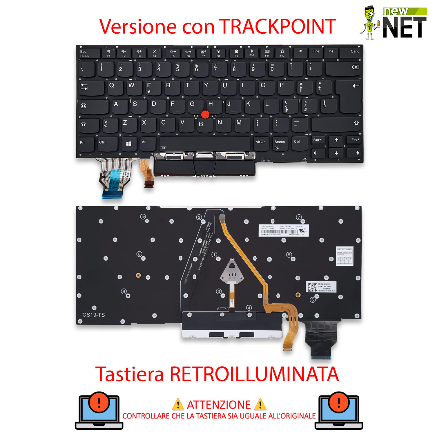 Tastiera per Lenovo ThinkPad X1 Carbon Gen 7 - senza frame, retroilluminata, con trackpoint, nera - immagine 5