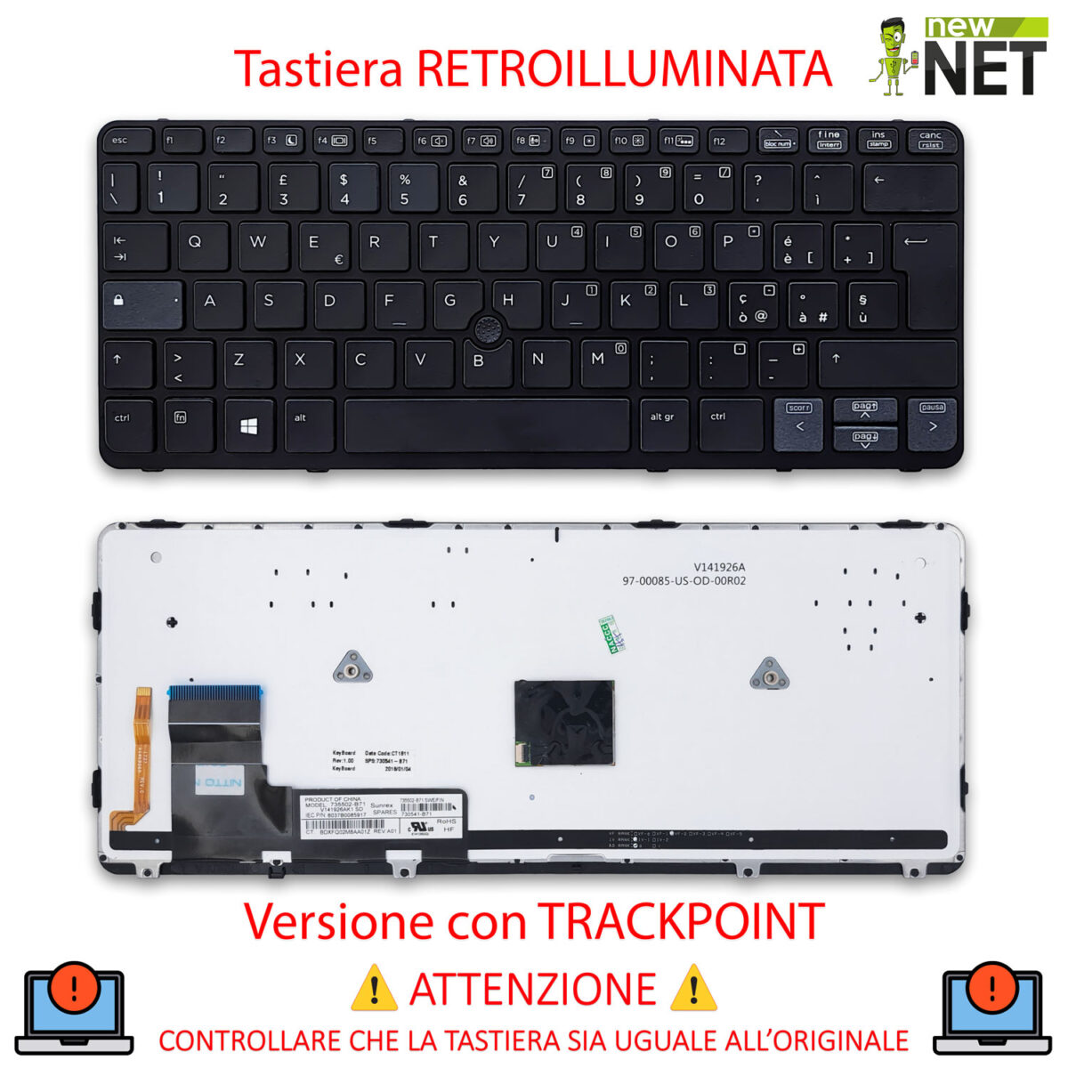 Tastiera 730541-061 per HP EliteBook 720 G1 - con frame e trackpoint, retroilluminata - immagine 5