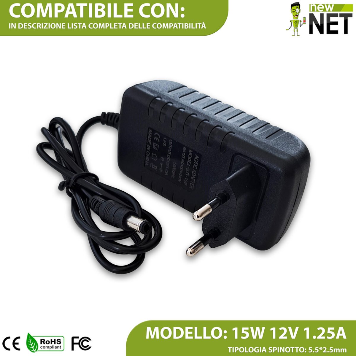 Alimentatore 15W per Amazon Echo Dot Gen 3, 4, 5 - 12V / 1.25A - 5.5x2.5mm