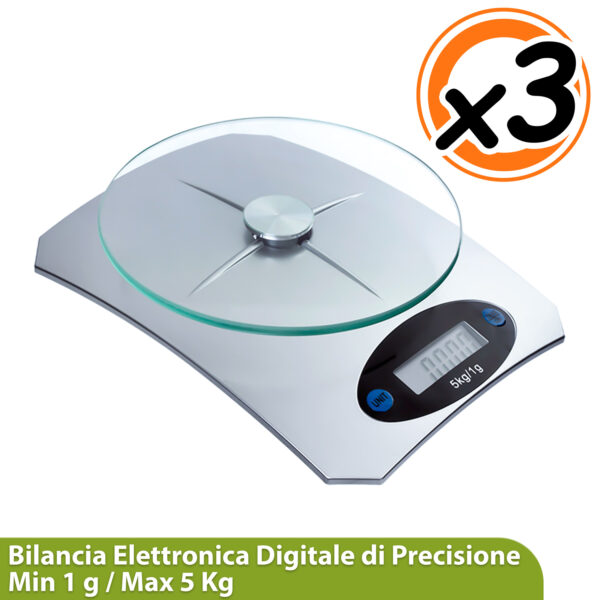 3x Bilancia da cucina digitale di precisione - piatto in vetro temperato, portata 5kg/1g, batteria inclusa