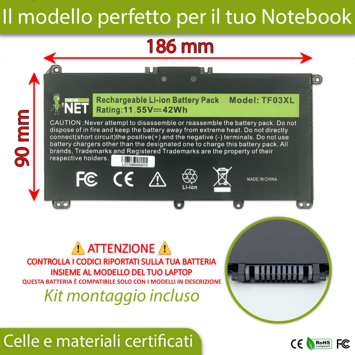 Batteria TF03XL per HP Pavilion 15-CC, 15-CD, 15-CK - 11.55 V / 3630 mAh - immagine 4