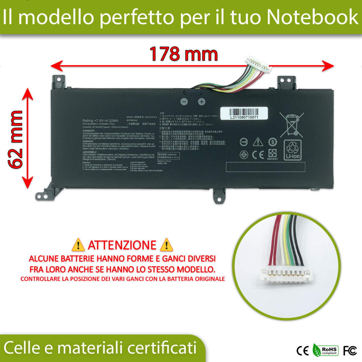 Batteria B21N1818 per Asus - 7.6 V / 4212 mAh - immagine 3