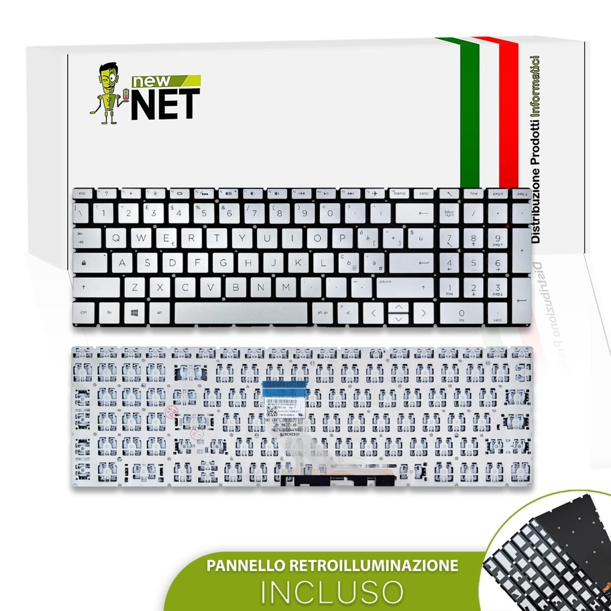 Tastiera per HP 250, 255, 256, 258, G7, G8, G9 senza frame, tasti silver, retroilluminata