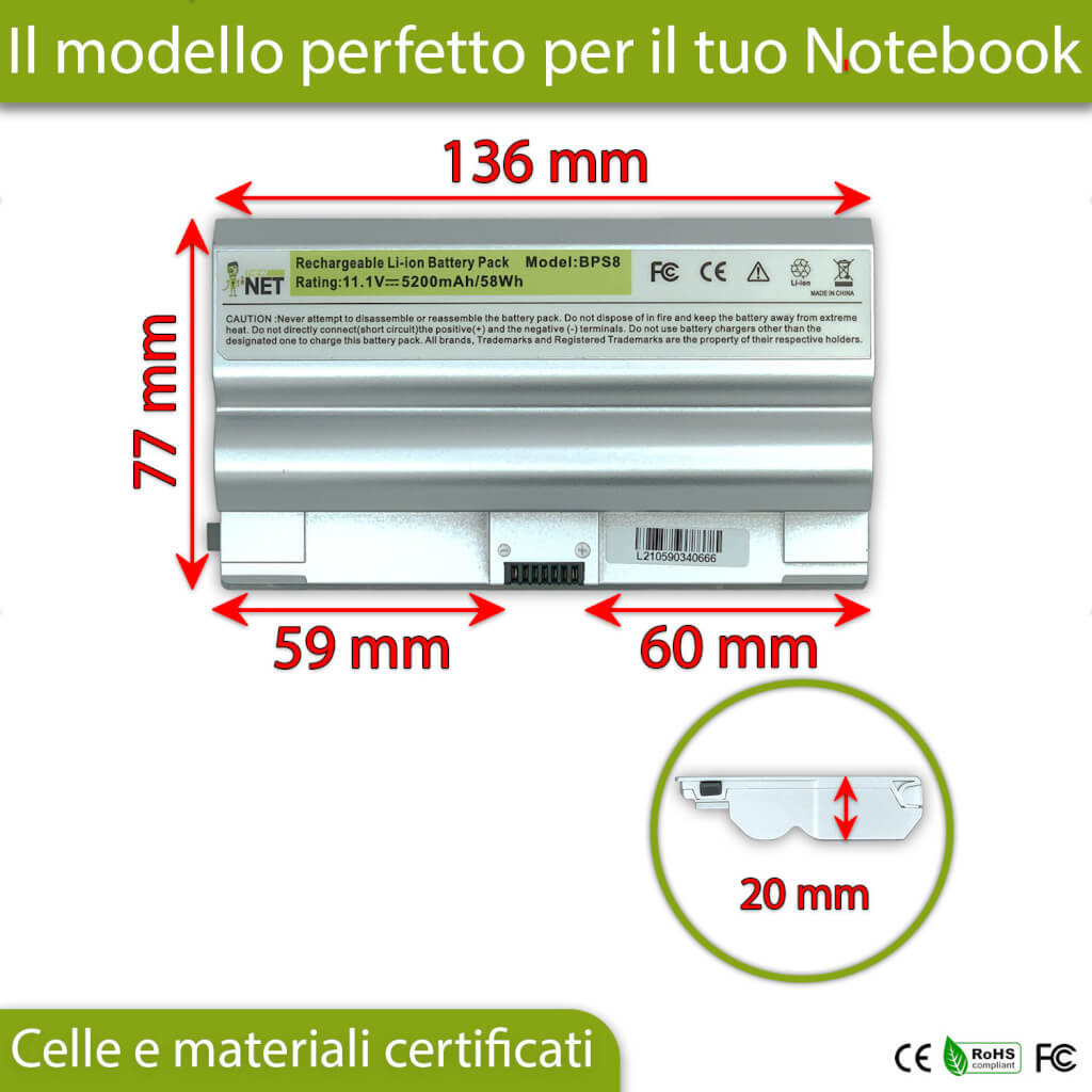 Batteria 58Wh per Sony Vaio VGN-FZ Serie - 10.8-11.1 V / 5200mAh - immagine 3