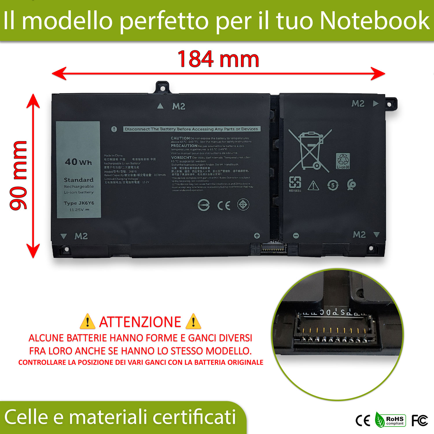 Batteria JK6Y6 40Wh per Dell Latitude 3410, 3510 - 11.25V / 3378mAh - immagine 2