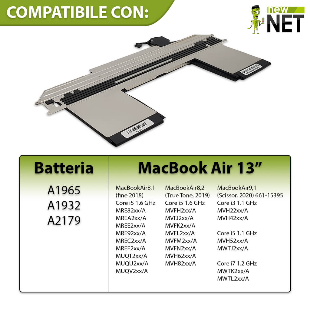 Batteria A1965 per Macbook Air 13" A1932 (fine 2018, anno 2019) A2179 (anno 2020) - 11.4 V / 4800 mAh (GU Cell) (Kit di montaggio incluso) - immagine 3