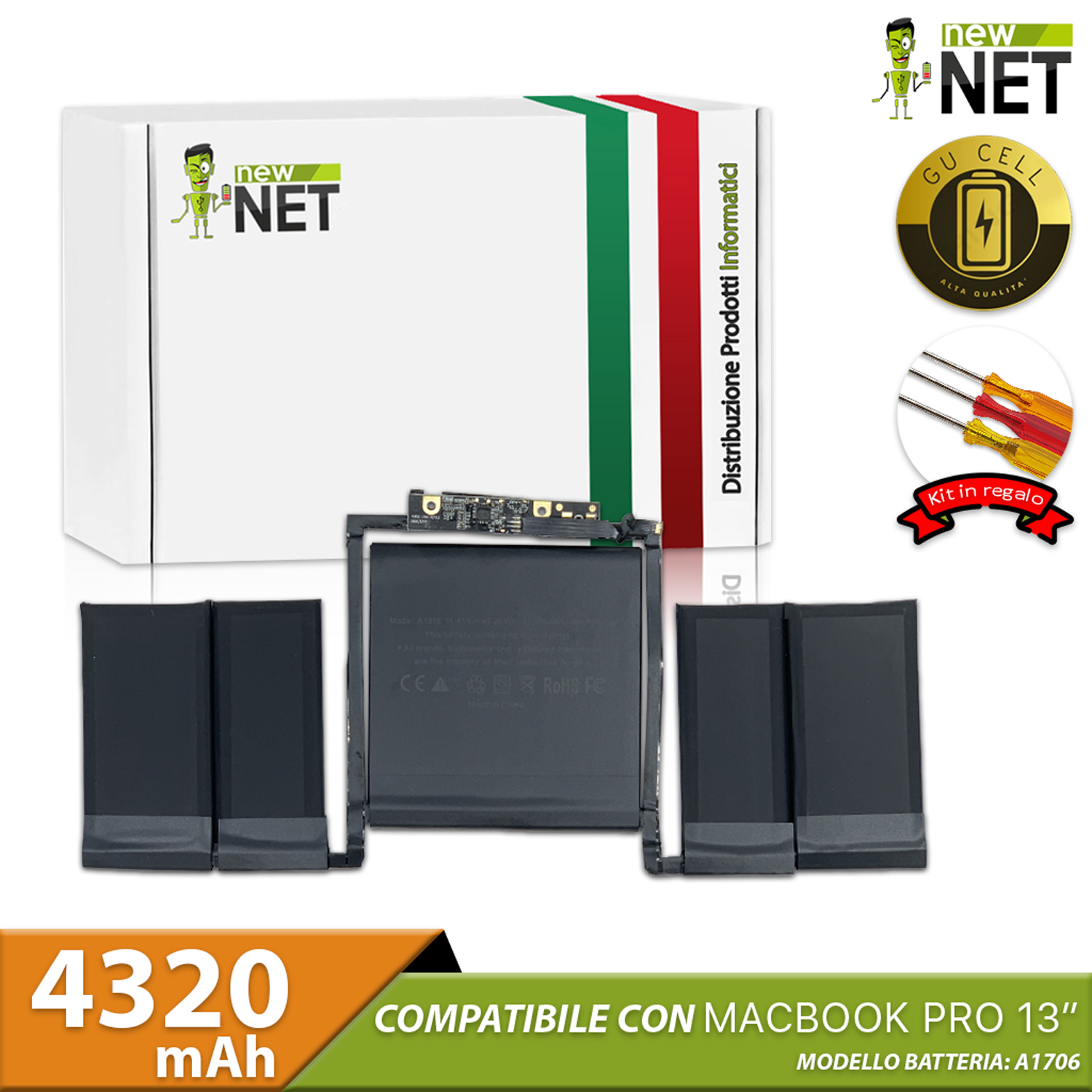 Batteria A1819 per Macbook Pro 13" A1706 (anno 2016, 2017) - 11.41 V / 4320 mAh (GU Cell) (Kit di montaggio incluso)