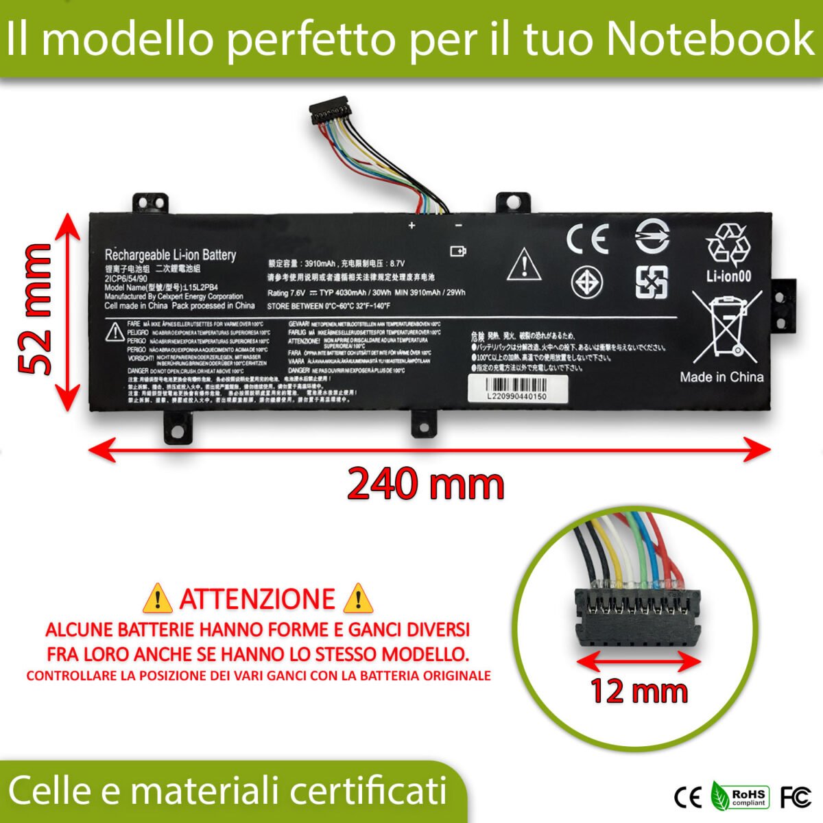 Batteria L15L2PB4 30Wh per Lenovo IdeaPad serie 310, 510 - 7.6V / 4030mAh - immagine 2
