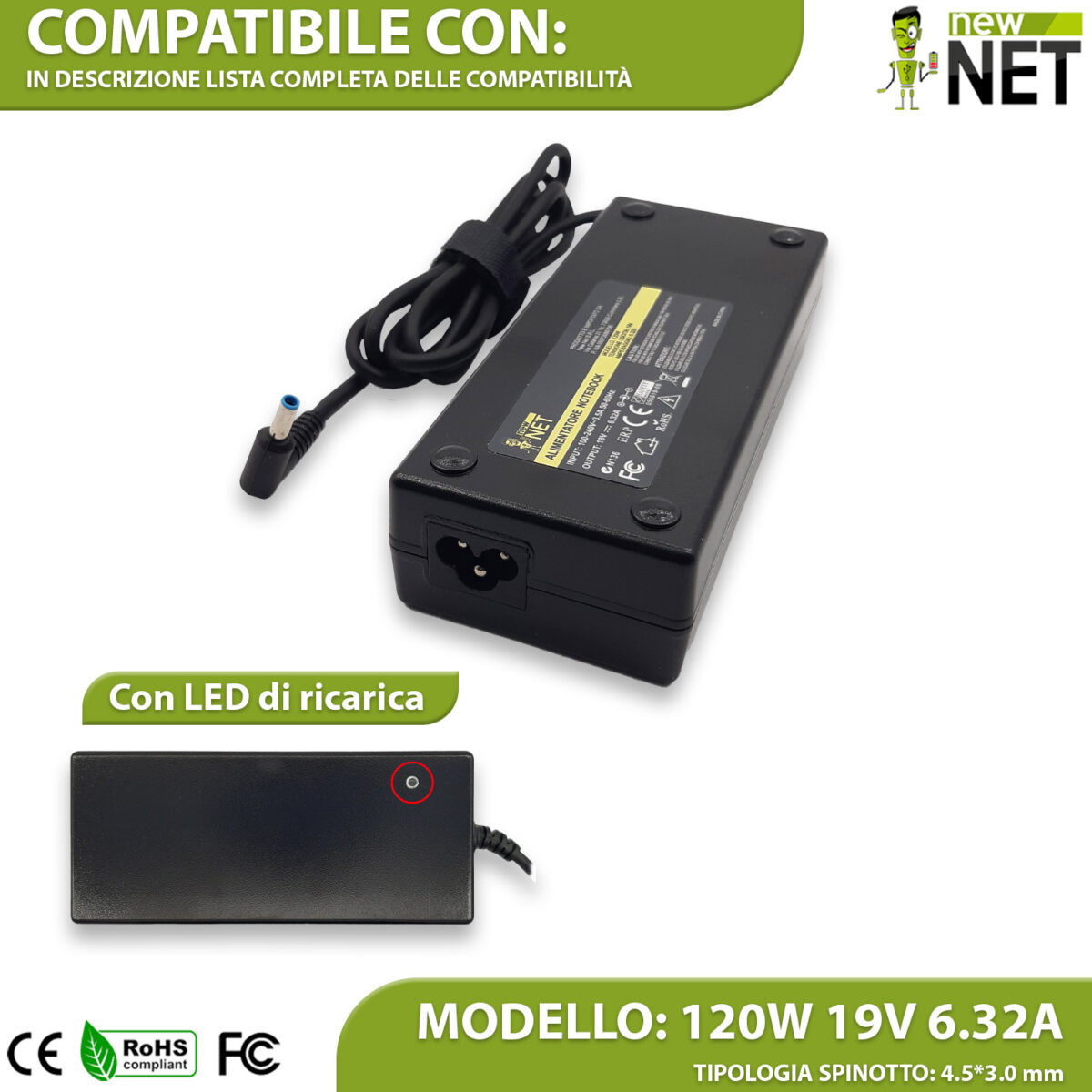 Alimentatore 120W per notebook HP Omen, Envy, Pavilion e Asus Zenbook Pro, ROG - 19V / 6,32A con connettore Pin centrale 4.5 x 3.0 - immagine 4