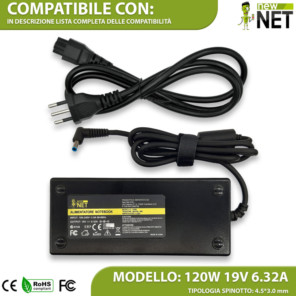 Alimentatore 120W per notebook HP Omen, Envy, Pavilion e Asus Zenbook Pro, ROG - 19V / 6,32A con connettore Pin centrale 4.5 x 3.0