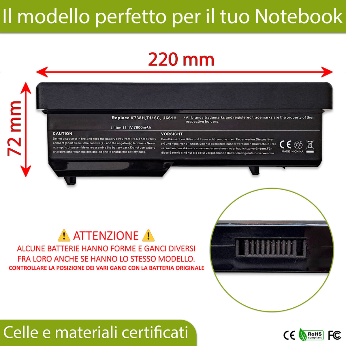 Batteria T116C per Dell Vostro 1310 - 10.8-11.1V, 7800mAh, 87Wh - immagine 2