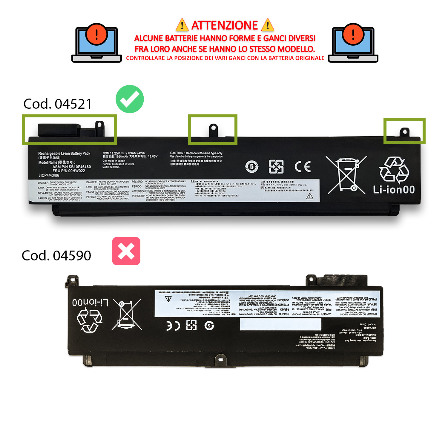Batteria 00HW022 24Wh per Lenovo ThinkPad T460s T470s- 11.25-11.4V / 2090mAh - immagine 2