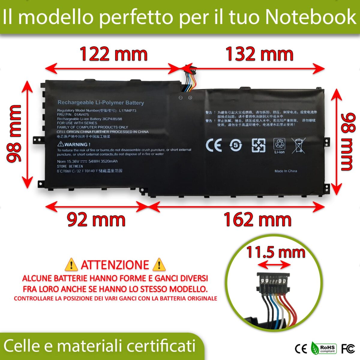 Batteria 54 Wh per Lenovo ThinkPad X1 Yoga 3ª Gen Type 20LD - 15.36 V / 3520 mAh - immagine 2