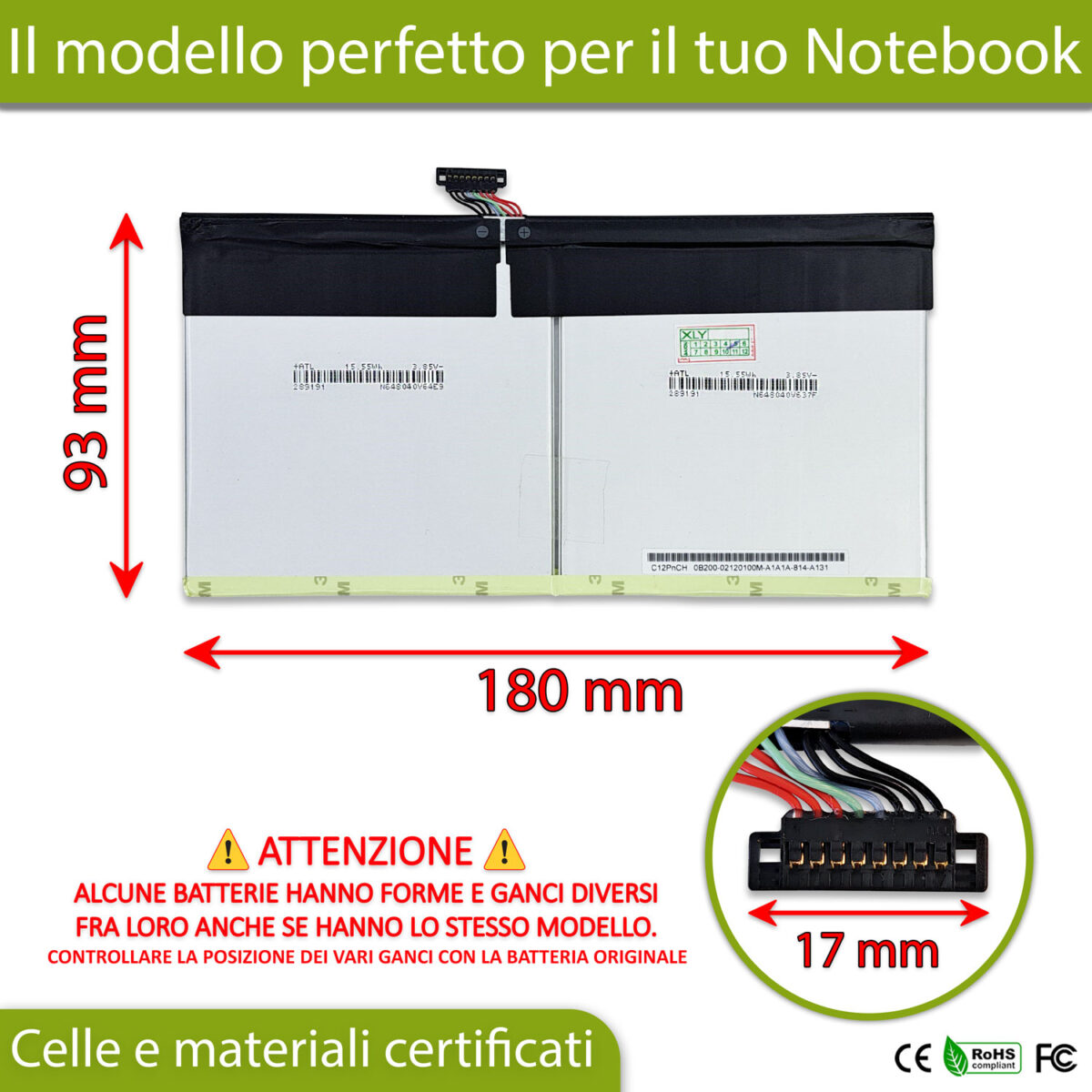 Batteria C12N1604 per ASUS T101HA, T103HA, T103HAF - 3.85V, 8200mAh, 32Wh - immagine 2