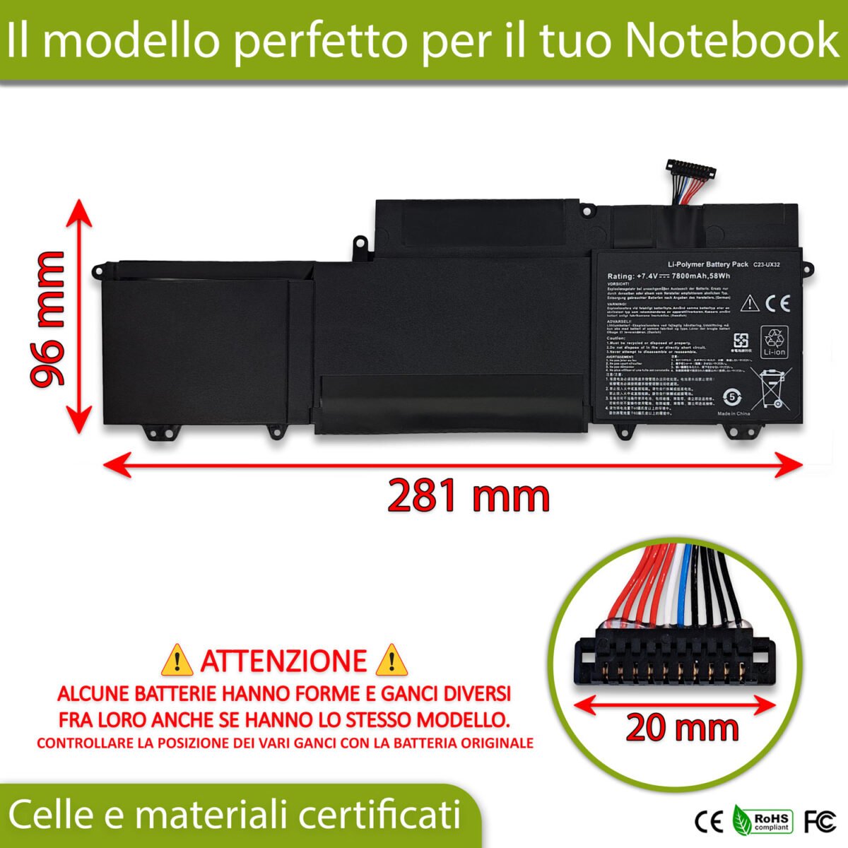 Batteria C23-UX32 per ASUS Zenbook BX32A - 7.4V, 7880mAh / 58Wh - immagine 2
