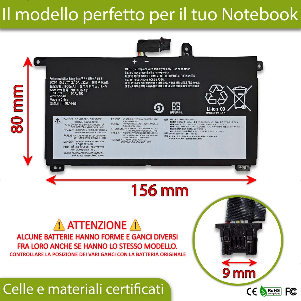 Batteria 01AV493 per Lenovo ThinkPad T580 - 15.2-15.6V, 2100mAh, 32Wh - immagine 2