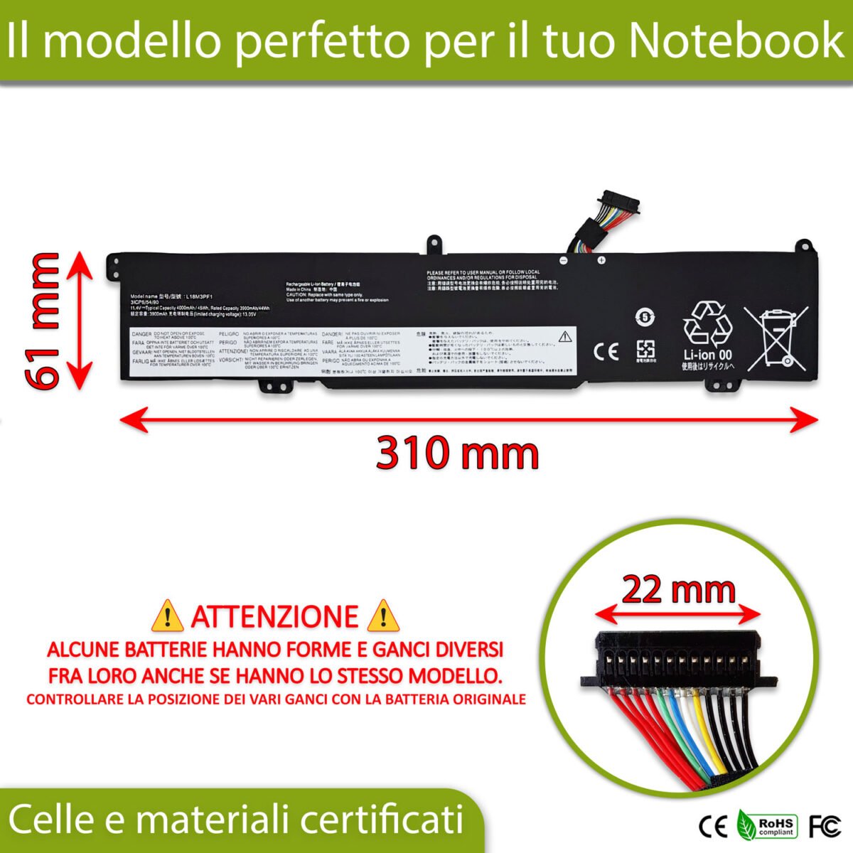 Batteria L18M3PF1 per Lenovo Ideapad L340 - 11.4-11.52V, 4000mAh, 45Wh - immagine 2