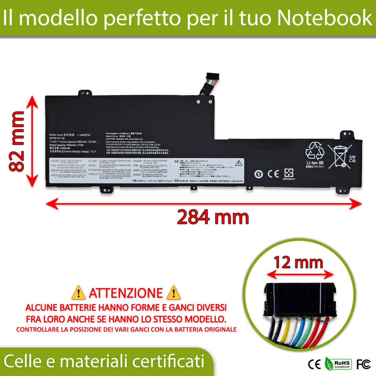 Batteria L19M3PD6 per Lenovo Ideapad Flex - 11.52-11.55V, 4585mAh, 52.5Wh - immagine 2