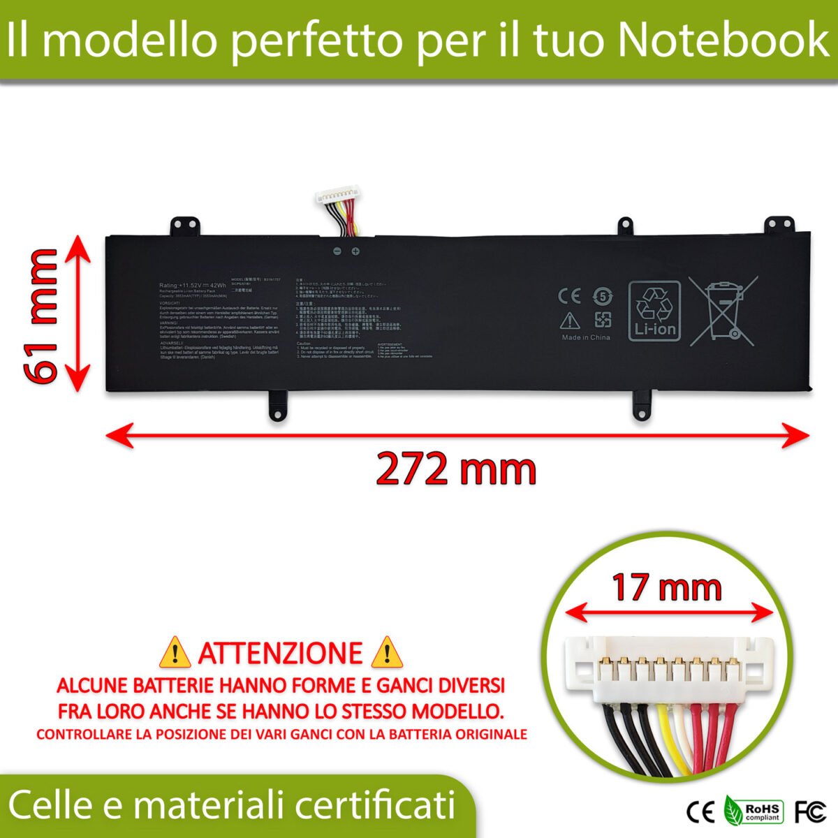 Batteria B31N1707 per ASUS Vivobook X411QA - 11.52V, 3653mAh, 42Wh - immagine 2