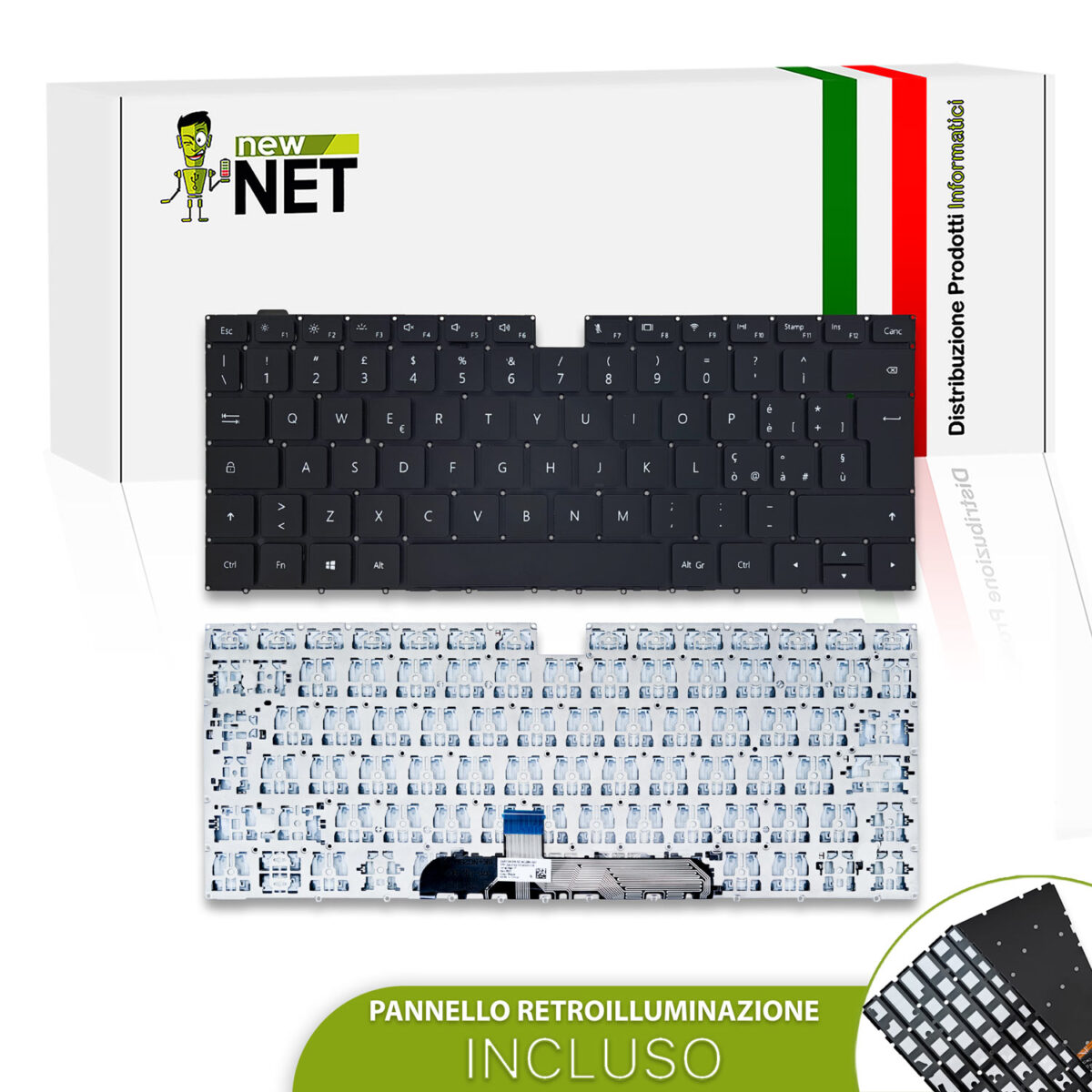Tastiera per HUAWEI MateBook D 14, senza frame, tasti neri, retroilluminata
