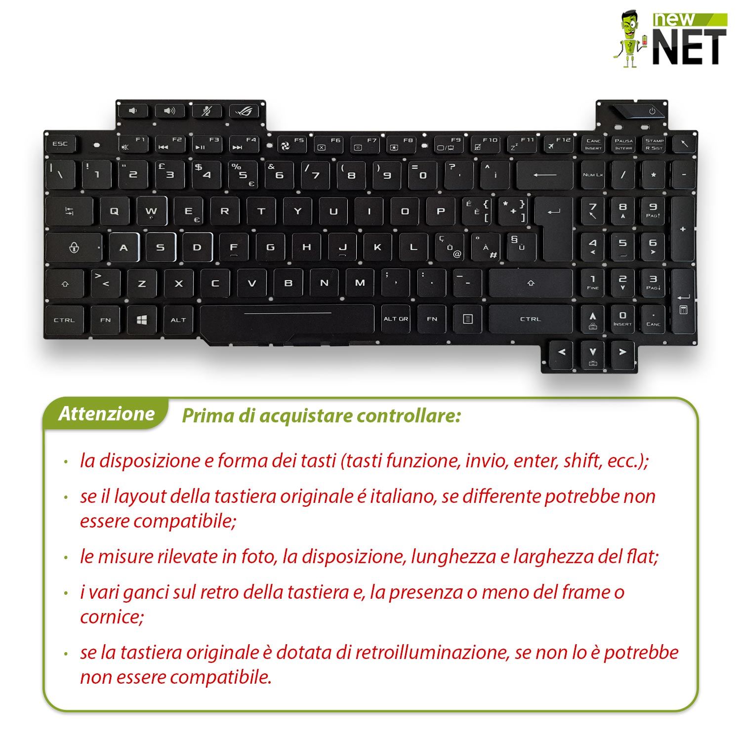 Tastiera retroilluminata per ASUS ROG Strix GL703G, GL703GS, GL703GM senza frame - immagine 3