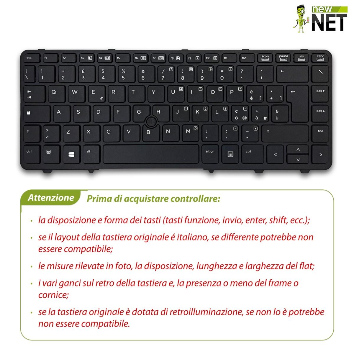Tastiera per HP ProBook 640 G1, 645 G1 con frame nero e trackpoint - immagine 3