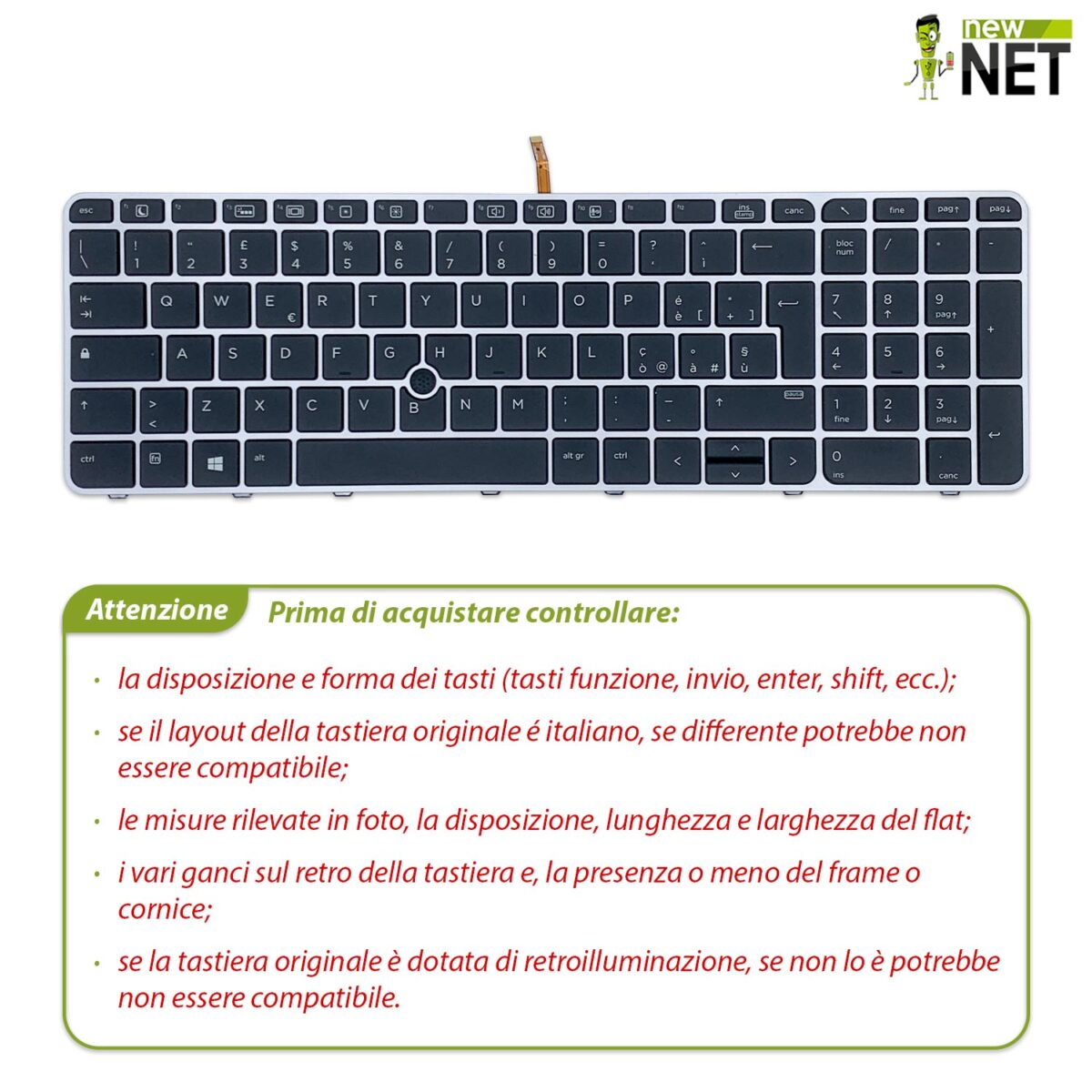 Tastiera per Hp Zbook 15u G3 G4 con frame silver + retroilluminazione + trackpoint - immagine 3