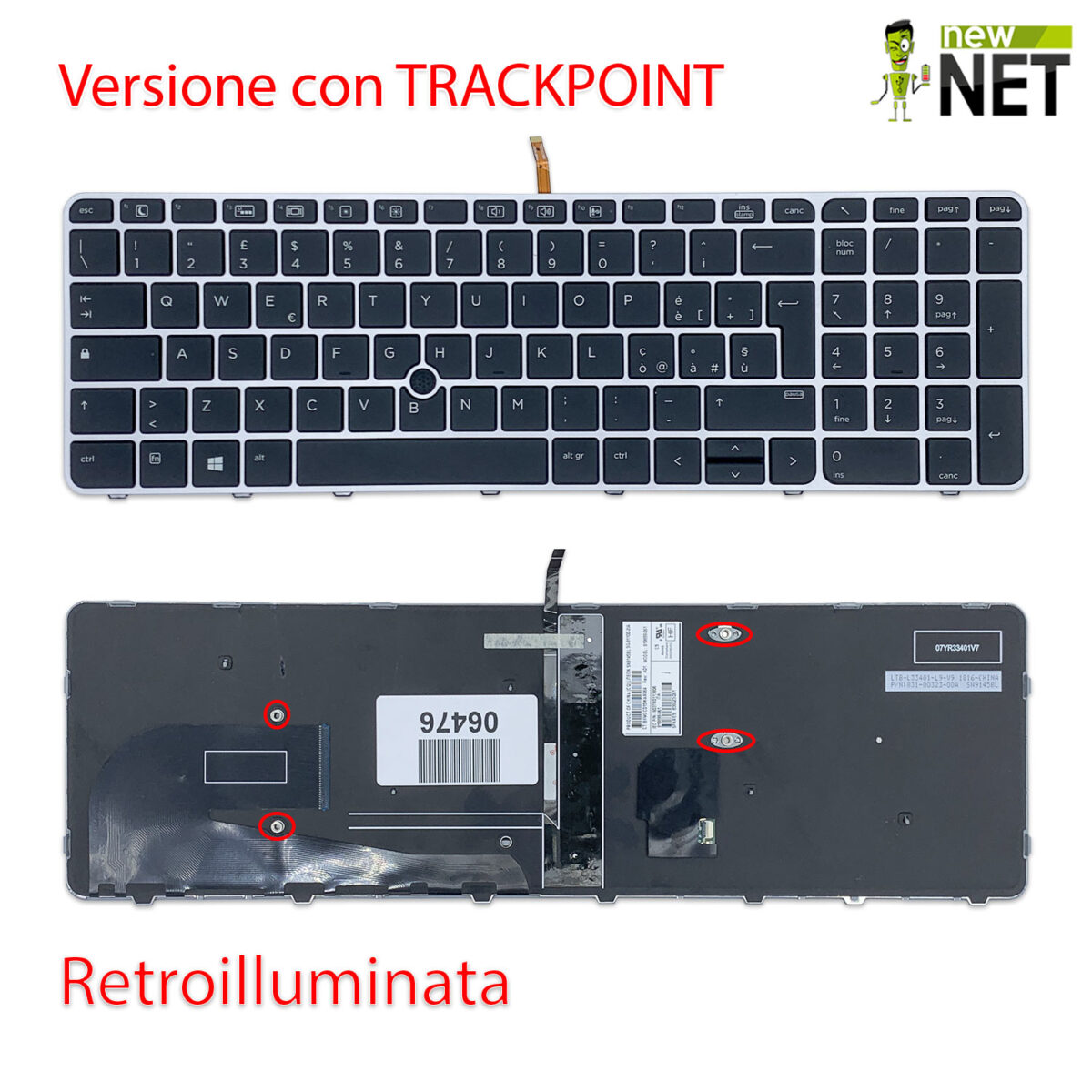 Tastiera per Hp Zbook 15u G3 G4 con frame silver + retroilluminazione + trackpoint
