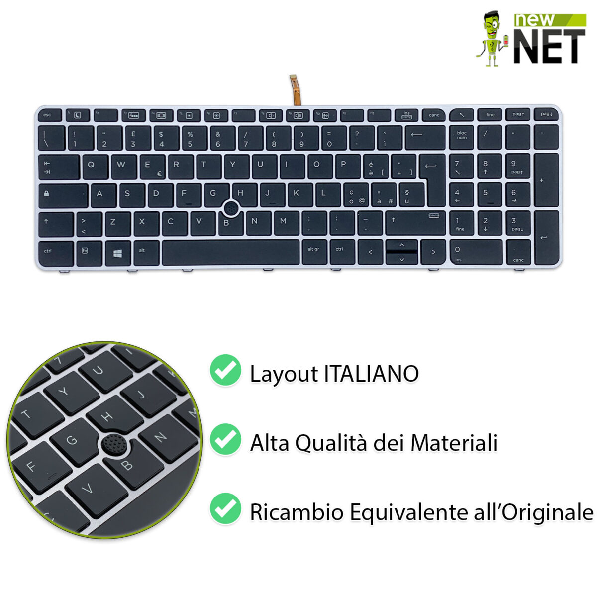 Tastiera per Hp Zbook 15u G3 G4 con frame silver + retroilluminazione + trackpoint - immagine 4