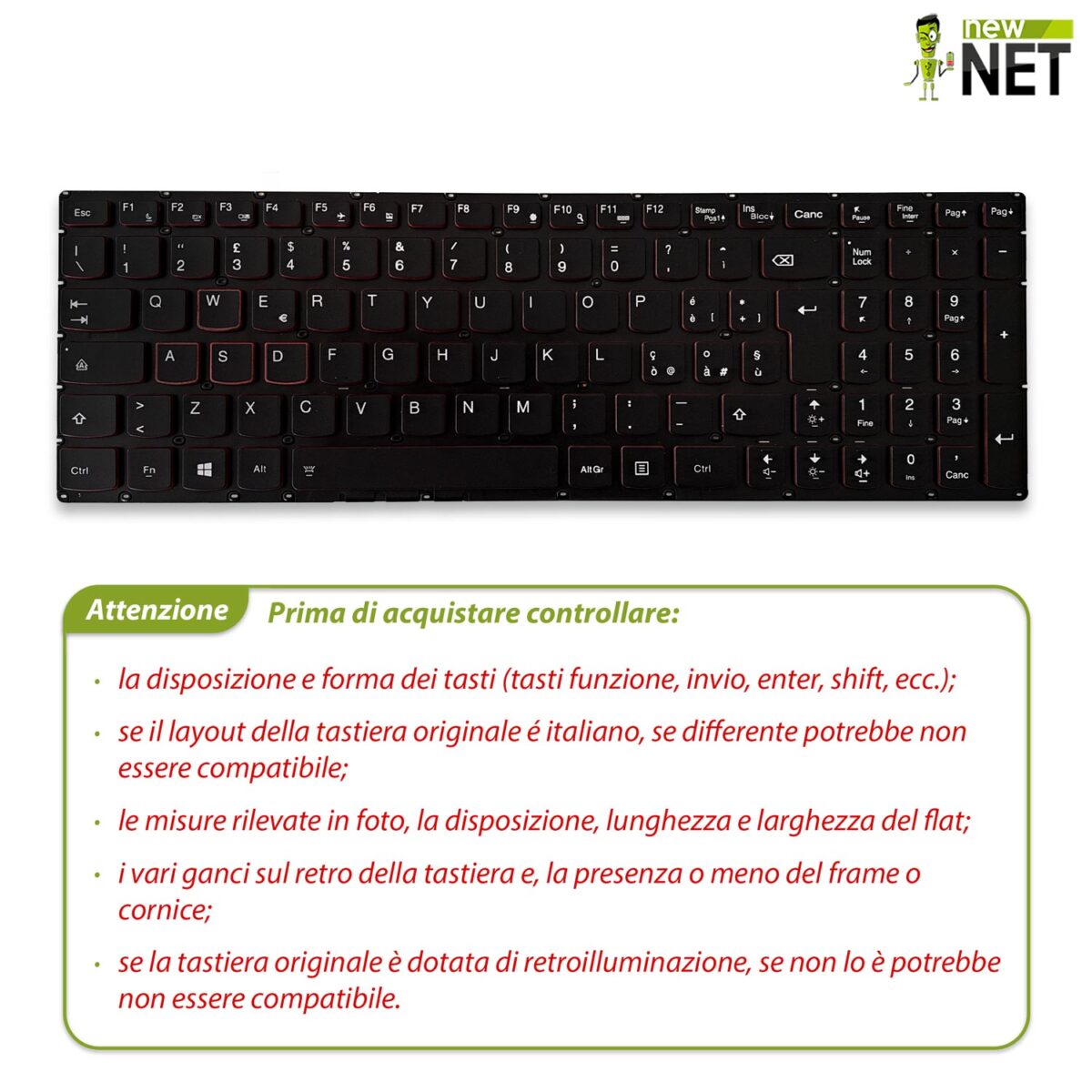 Tastiera retroilluminata per Lenovo Ideapad Y700-15, Y700-17 - senza frame, tasti neri con bordo rosso - immagine 3