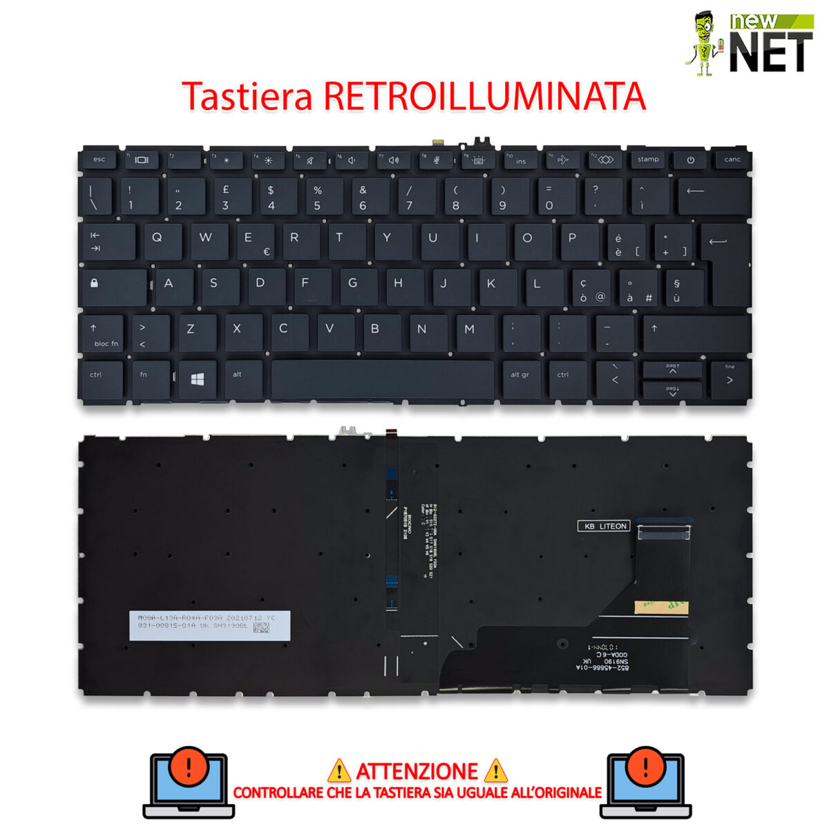 Tastiera 6037B0161606 per HP EliteBook x360 830 G7, 830 G8 - senza frame, tasti neri, retroilluminata - immagine 4