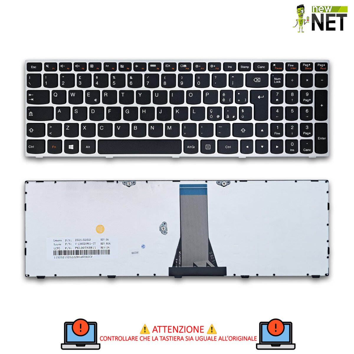 Tastiera 5N20H03527 per Lenovo Ideapad 300-15IBR con frame silver - immagine 5