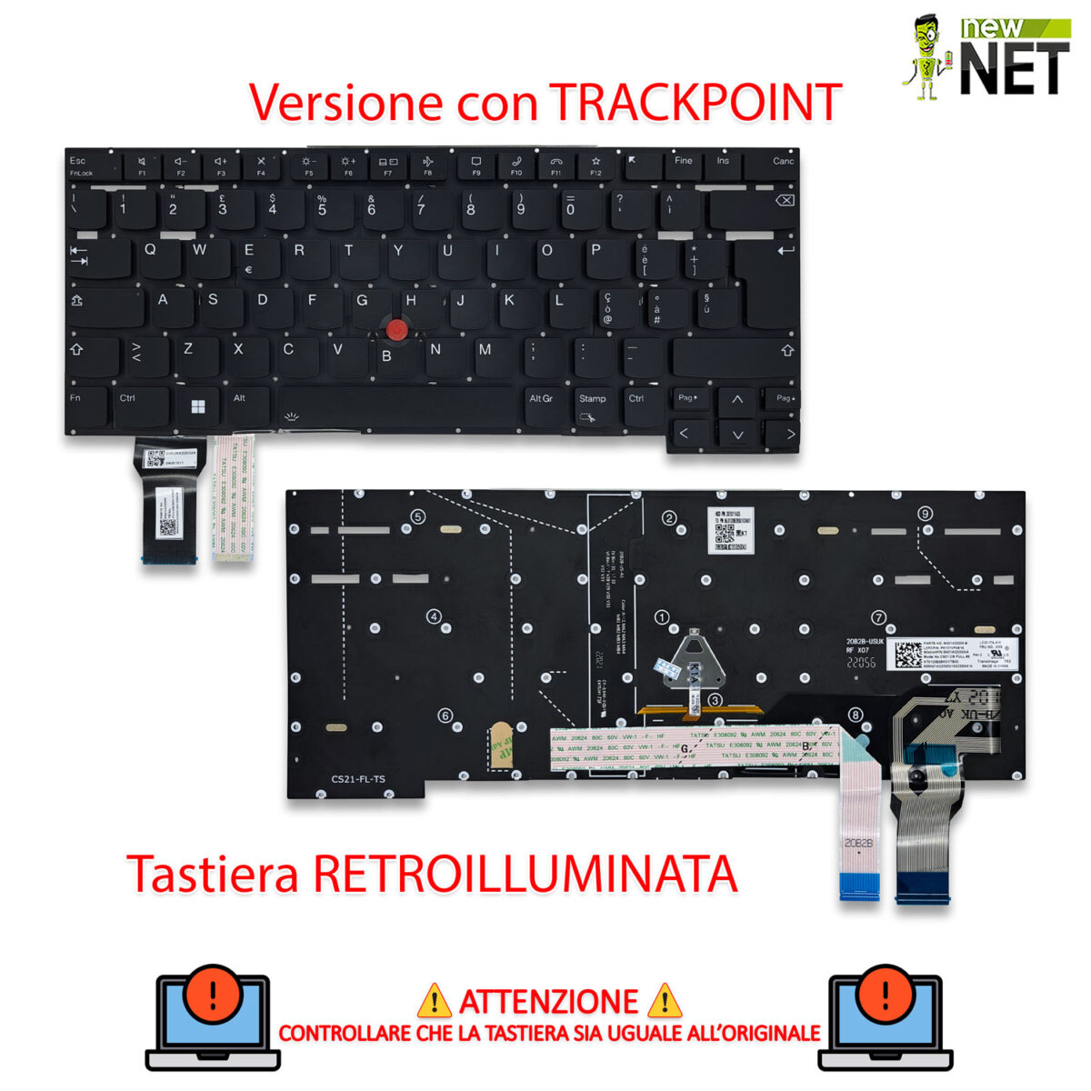Tastiera per Lenovo ThinkPad T14s Gen 2, senza frame, trackpoint, retroilluminata - immagine 5