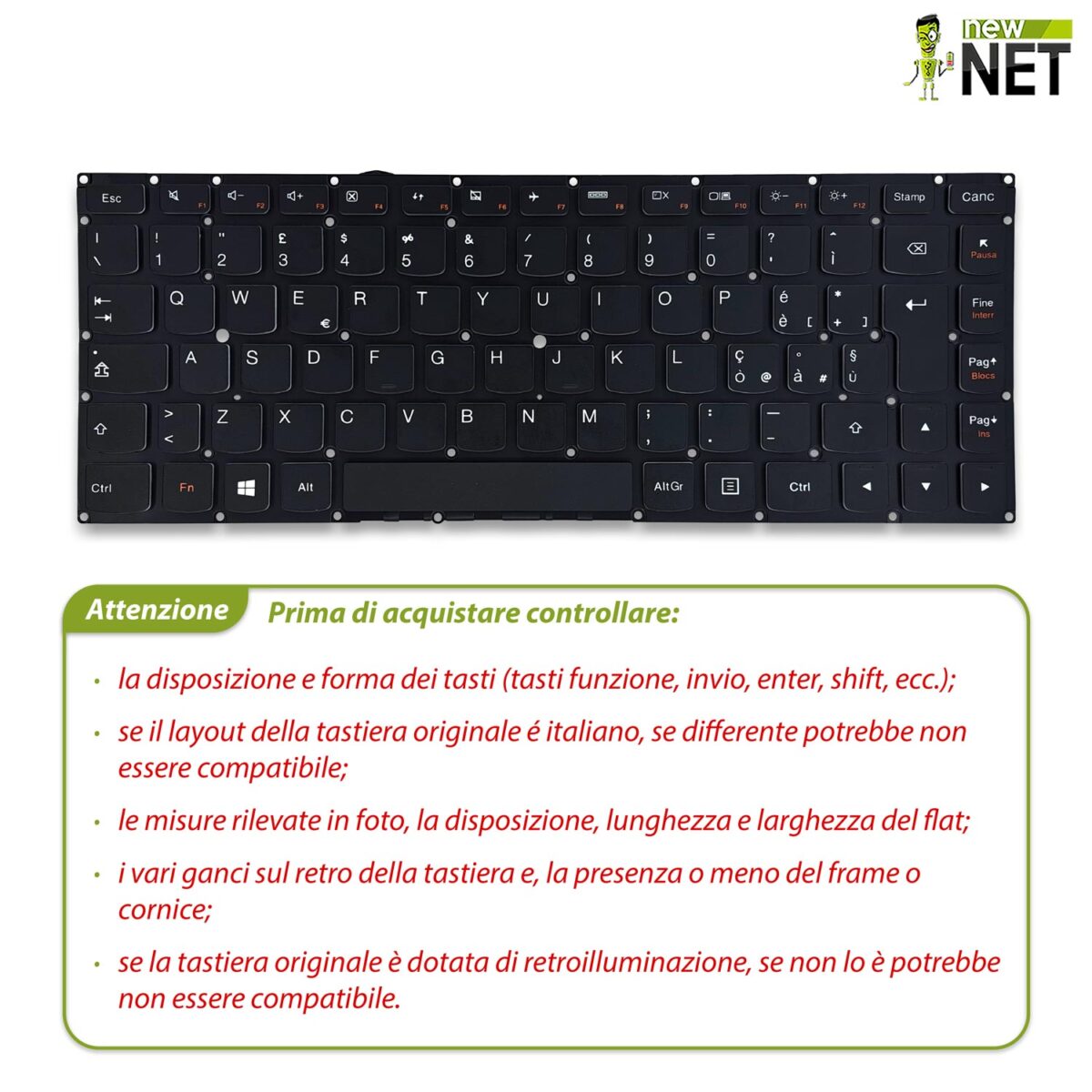 Tastiera per Lenovo Yoga 900-13, senza frame, tasti neri, retroilluminata - immagine 3