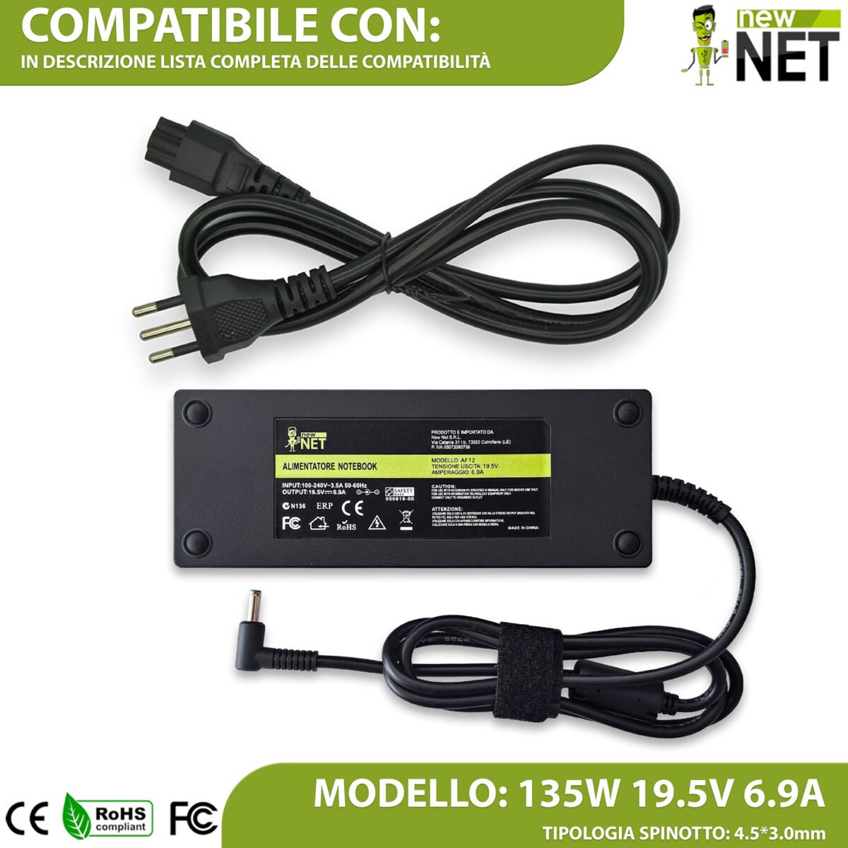Alimentatore compatibile L15534-001 135W per HP Envy, Pavilion, Omen, Spectre, ZHAN – 19.5V / 6.9A - 4.5x3.0 mm